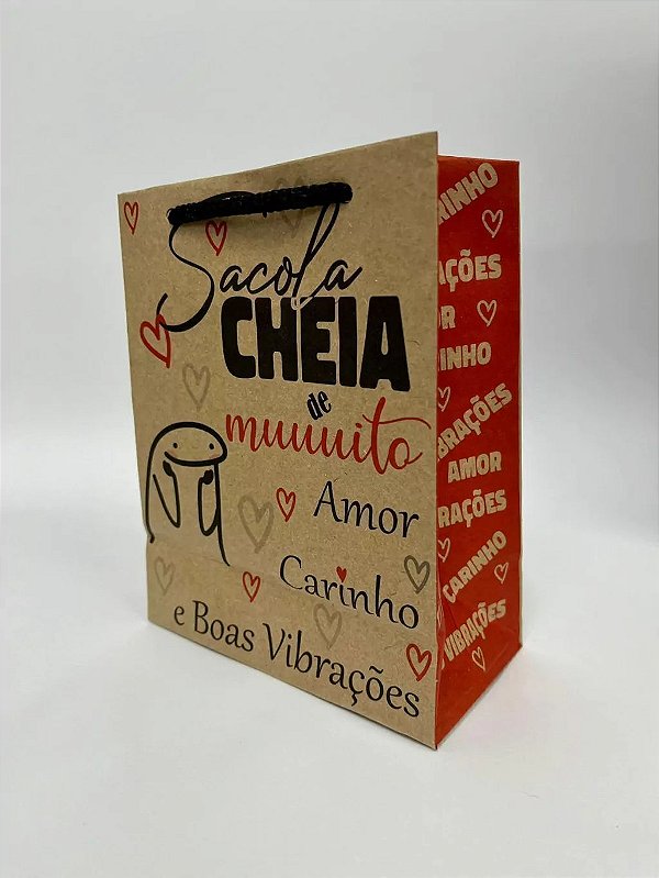 Sacola Kraft Pequena Presente Bijuteria Lembrancinha Doces "CHEIA de muuuito amor" 15,5cm A x 12cm L x 6,5cm Fundo - Modelo 25