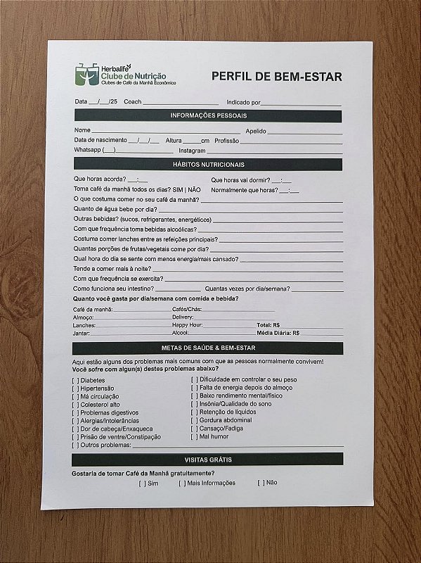 Bloco - Ficha Perfil de Bem-estar (Somente frente) - A4 (210x297mm) BBC