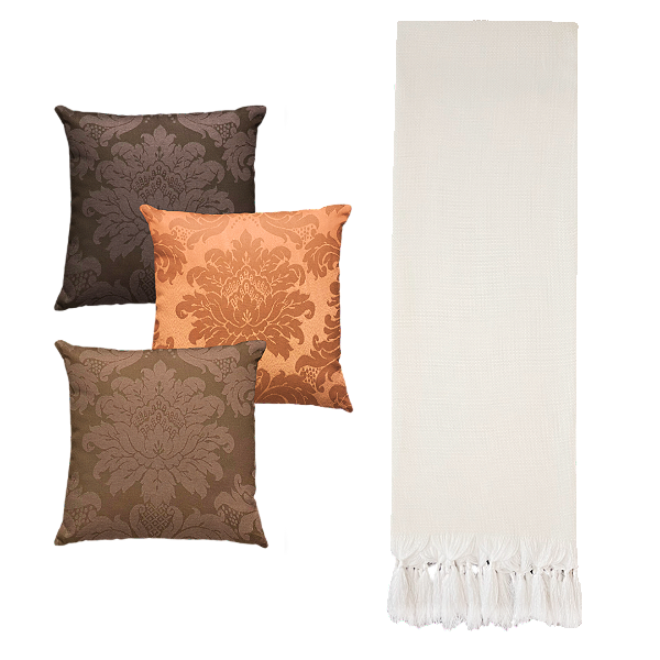 Kit Manta Xale de Sofá e Cama Cru Lisa com 3 Capas de almofadas Colors Feng Shui
