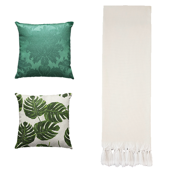 Kit Manta Xale de Sofá Decorativa Cru Liso com 2 Capas de almofadas Estampadas
