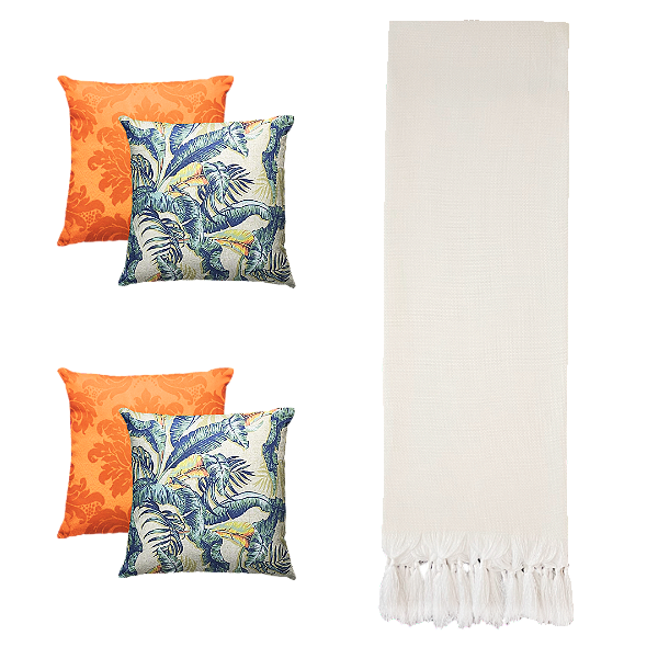 Kit Manta Xale de Sofá Decorativa Cru Liso com 4 Capas de almofadas Estampadas
