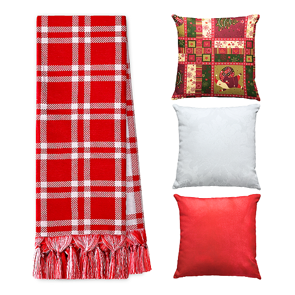 Kit Manta Xale de Sofá Natalina Xadrez Vermelha com 3 Capas de Almofadas Decorativas
