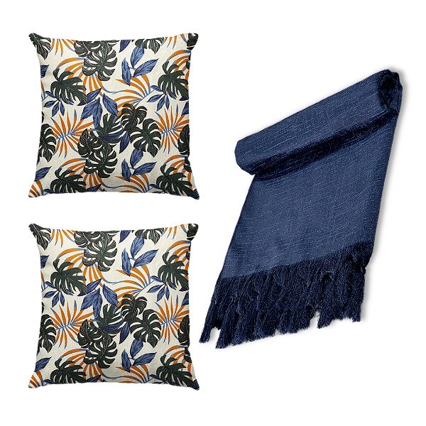 Kit Manta Xale de Sofá Decorativa Smoth Lisa com 2 Capas de almofadas Estampadas