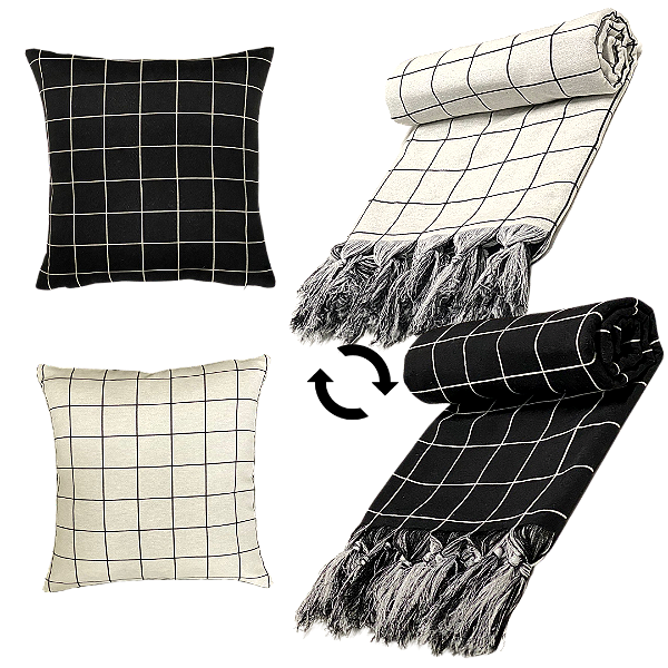 Kit Manta Xale de Sofá Geométrica Grid Dupla Face com 2 Capas de almofadas