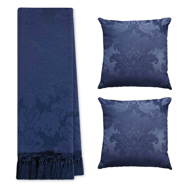 Kit Manta Xale de Sofá Decorativa Medalhão Azul com 2 Capas de almofadas