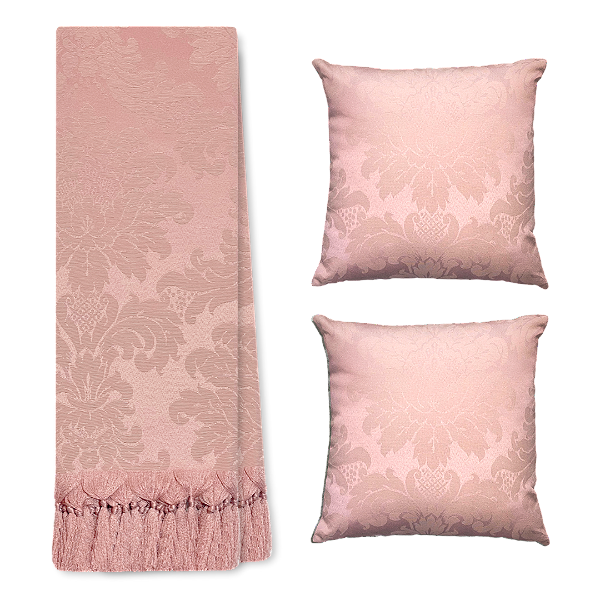 Kit Manta Xale de Sofá Decorativa Medalhão Rosa Rose com 2 Capas de almofadas