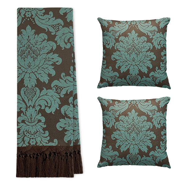 Kit Manta Xale de Sofá Decorativa Medalhão Turquesa com 2 Capas de almofadas
