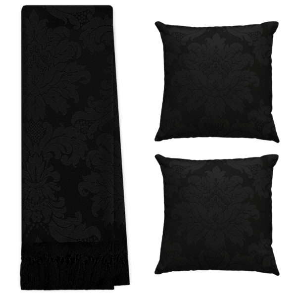 Kit Manta Xale de Sofá Decorativa Medalhão Preto com 2 Capas de almofadas
