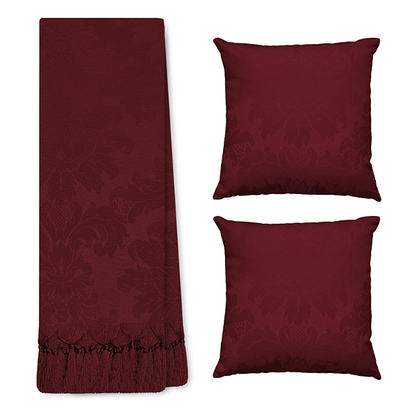 Kit Manta Xale de Sofá Decorativa Medalhão Vinho com 2 Capas de almofadas