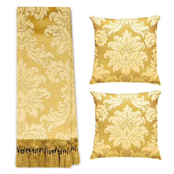 Kit Manta Xale de Sofá Decorativa Medalhão Dourado com 2 Capas de almofadas