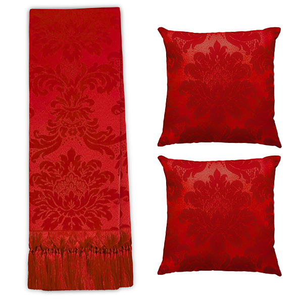 Kit Manta Xale de Sofá Decorativa Medalhão Vermelho com 2 Capas de almofadas