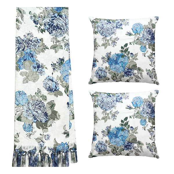Kit Manta Xale de Sofá Decorativa Jacquard Floral com 2 Capas de almofadas