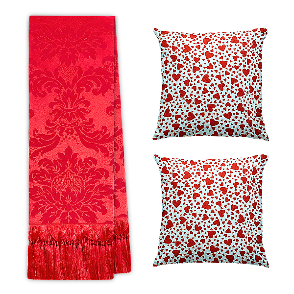 Kit Manta Xale de Sofá Dia dos Namorados Amor com 2 Capas de almofadas