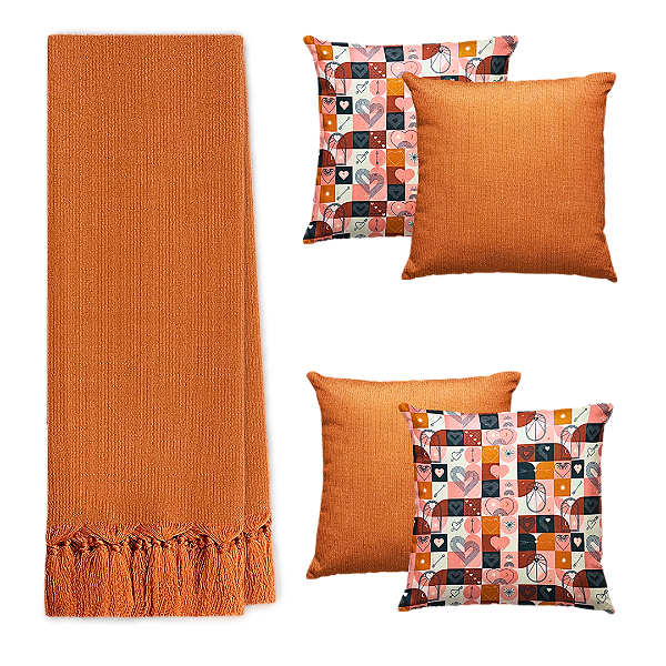Kit Manta Xale de Sofá Dia dos Namorados Amor com 4 Capas de almofadas