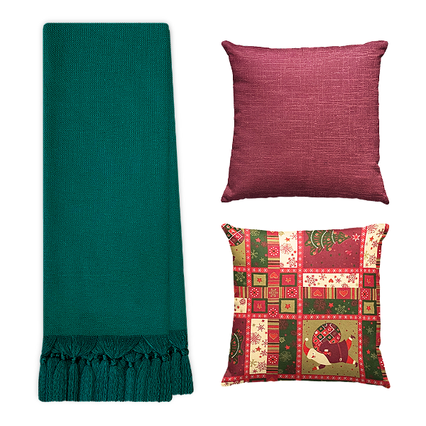 Kit Manta Xale de Sofá Verde Natalina com 2 Capas de Almofadas Decorativas