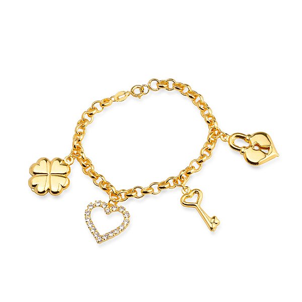 Pulseira Dourada Elo Português com Coração, Cadeado, Trevo e Chave