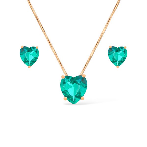 Conjunto Dourado de Coração Verde