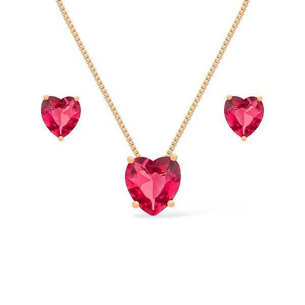 Conjunto Dourado de Coração Vermelho