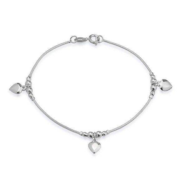 Pulseira Prateada Lisa com 3 Pingentes de Coração
