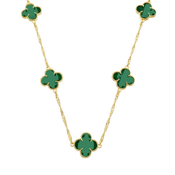 Colar Dourado 5 Trevos Verde
