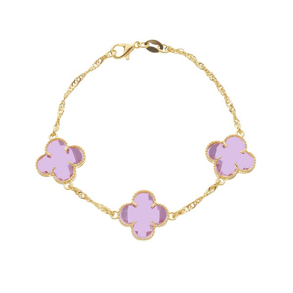 Pulseira Dourada Trevos Zircônia Rosa