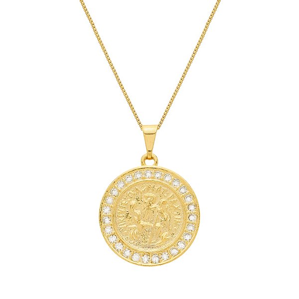 Colar Dourado Medalha São Miguel Arcanjo Cravejado de Zircônia