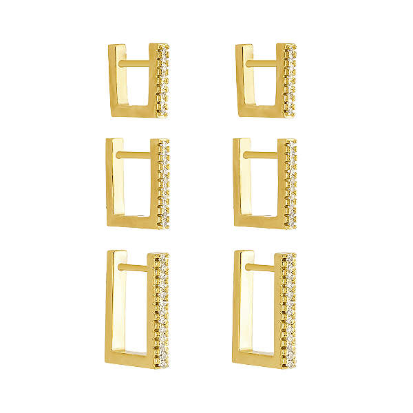 Trio Dourado de Argolinhas Quadradas Cravejadas de Zircônias