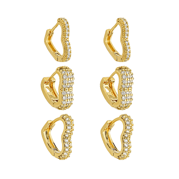 Trio Dourado de Argolinhas de Coração Cravejados de Zircônia