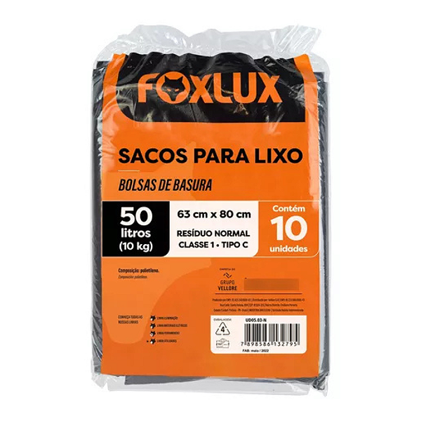 Sacos Para Lixo 50 Litros Preto Com 10 Unidades 63x80cm Fox Lux