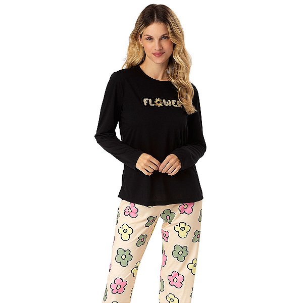 Pijama Floral Feminino Longo Lua Cheia 9955