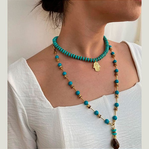 Colar, Feminino Longo, Feito à Mão, Prateado e Azul, 4901