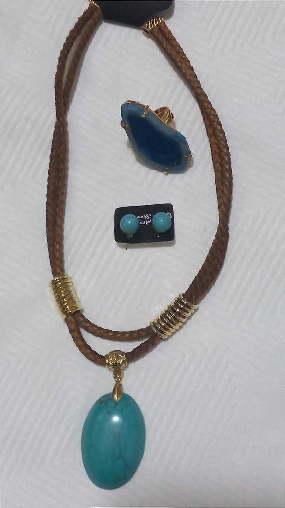 Conjunto, Feminino, Colar, Anel e Brinco, Big Turquesa, HM106