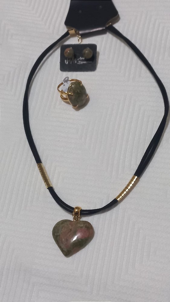 Conjunto Feminino, Pedra, Unakita, Colar, Anel e Brinco HM107