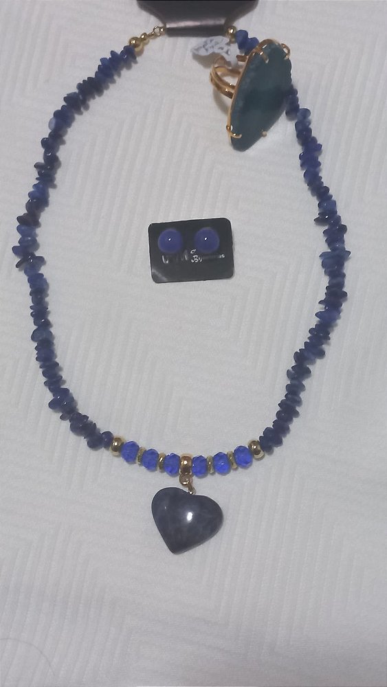 Conjunto Feminino, Colar, Brinco, Anel, na Cor Azul, HM108