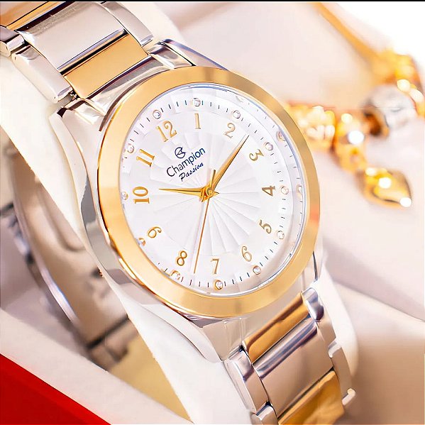 Kit Relógio Champion Feminino Bicolor Luxo + Pulseira Berloques – Presente Ideal p/ Namorados, Mães e Esposa (CN29409S)