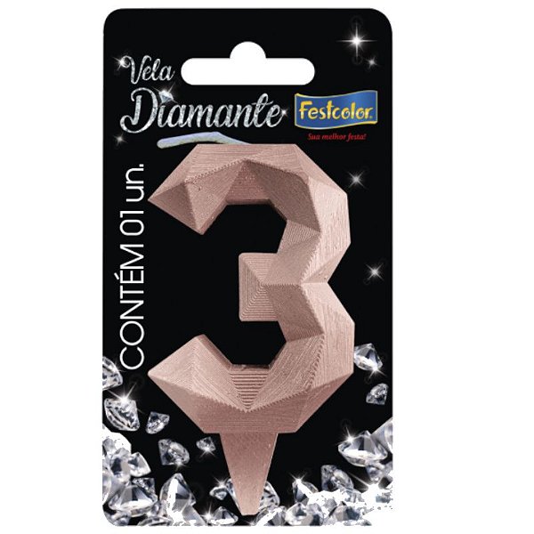 VELA DE ANIVERSÁRIO DIAMANTE ROSE GOLD N°3 - 01 UNIDADE - FESTCOLOR