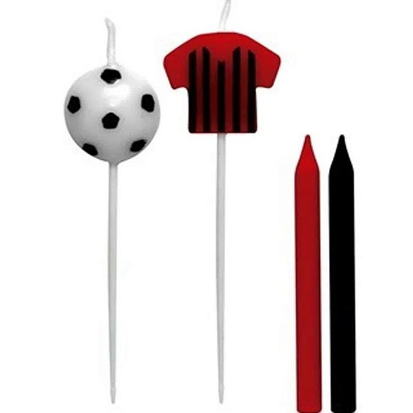 VELA DE ANIVERSÁRIO CAMISA FUTEBOL - VERMELHO, PRETO E  BRANCO - PACOTE 08 UNIDADES - SILVER FESTAS