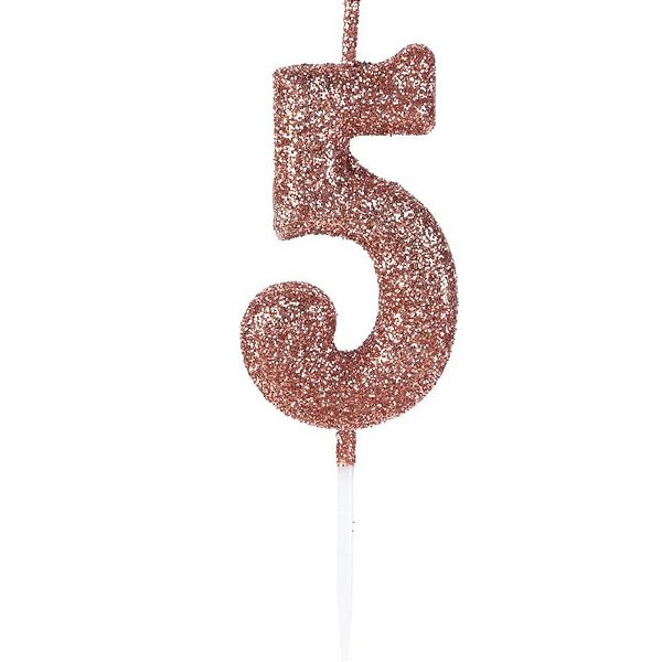 VELA DE ANIVERSÁRIO ROSE GOLD GLITTER PEQUENA - NÚMERO 5 - 01 UNIDADE - SILVER FESTAS