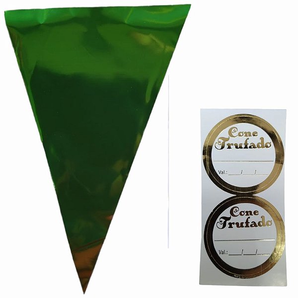 EMBALAGEM PARA CONE TRUFADO VERDE BANDEIRA - 10X15CM - COM ADESIVO - 50 UNIDADES - CARBER