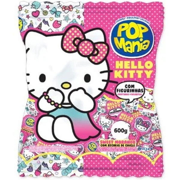 PIRULITO HELLO KITTY  SABOR MORANGO - POP MANIA - 600G COM 50  UNIDADES - RICLAN