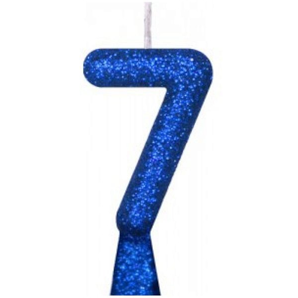 VELA DE ANIVERSÁRIO GLITTER AZUL TUBULAR PREMIUM - N° 7 - COM 01 UNIDADE - BELLO FESTAS