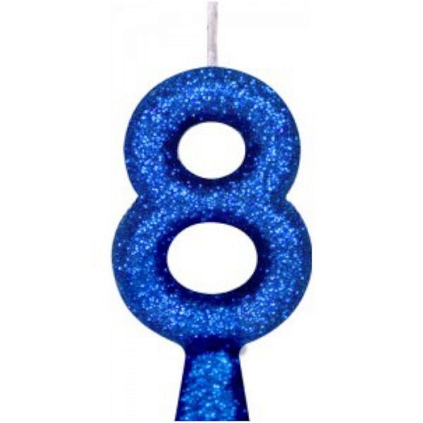 VELA DE ANIVERSÁRIO GLITTER AZUL TUBULAR PREMIUM - N° 8 - COM 01 UNIDADE - BELLO FESTAS