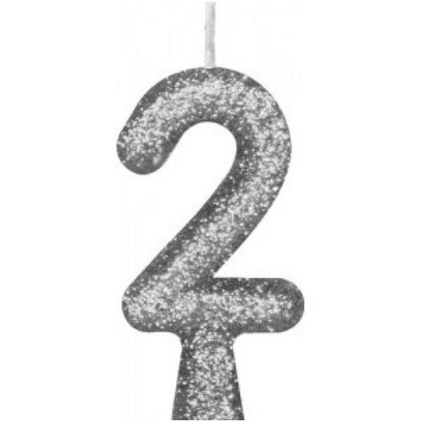 VELA DE ANIVERSÁRIO GLITTER PRATA TUBULAR PREMIUM - N° 2 - COM 01 UNIDADE - BELLO FESTAS