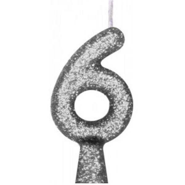 VELA DE ANIVERSÁRIO GLITTER PRATA TUBULAR PREMIUM - N° 6 - COM 01 UNIDADE - BELLO FESTAS