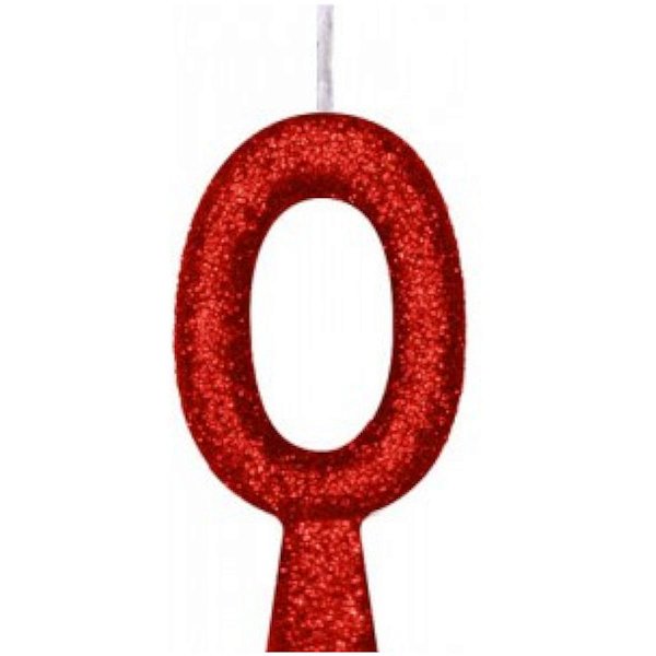 VELA DE ANIVERSÁRIO GLITTER VERMELHO TUBULAR PREMIUM - N° 0 - COM 01 UNIDADE - BELLO FESTAS