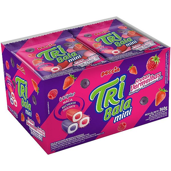 CAIXA TRI BALA MINI MASTIGÁVEL RECHEADA E DRAGEADA - SABOR FRUTAS VERMELHAS - EMBALAGEM 360G - PECCIN