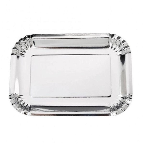 PRATOS BANDEJAS RETANGULAR DE PAPEL DESCARTÁVEIS DE FESTA PRATA - 5 UNIDADES - SILVER FESTAS