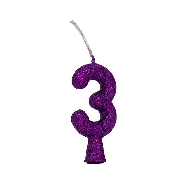 VELA DE ANIVERSÁRIO GLITTER ROXO TUBULAR PREMIUM - N° 3 - COM 01 UNIDADE - BELLO FESTAS