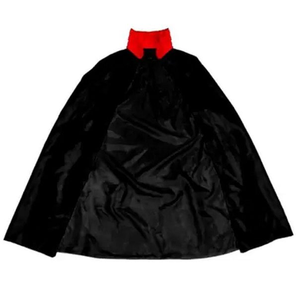 CAPA VAMPIRO HALLOWEEN CETIM PRETA COM GOLA VERMELHA - TAMANHO M - CONTÉM 1 UNIDADE - LOJA DO ABENÇOADO