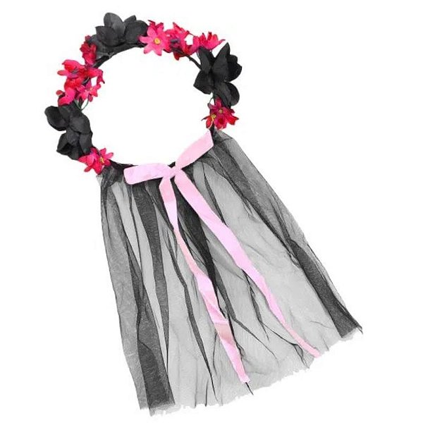 COROA COM FLORES E FITA ROSA HALLOWEEN - CONTÉM 1 UNIDADE - MODAMIX